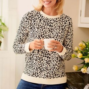 Talbots Animal Print Rib Trim Crew Neck Sweatshirt